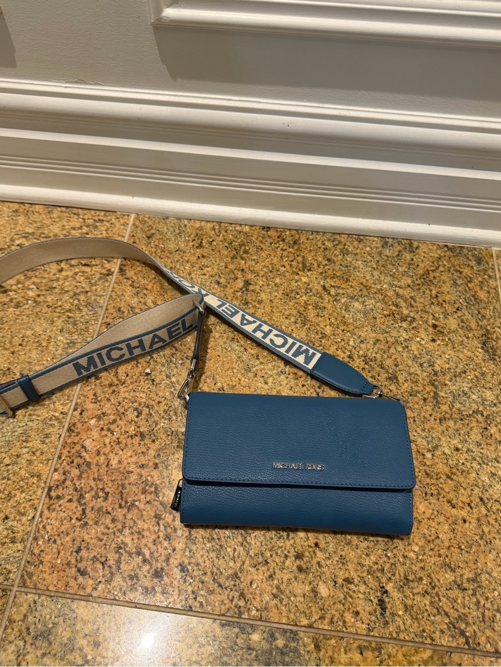 Michael Kors Blue Leather Crossbody Wallet with Logo Strap